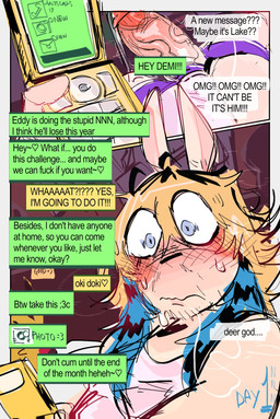 2_panel_comic anthro big_penis blonde_hair blue_highlights blush blush_lines bodily_fluids cellphone clothing dialogue dripping electronics erection flip_phone fur genital_fluids genitals hair highlights_(coloring) huge_penis humanoid_genitalia humanoid_penis male nervous penis phone precum precum_drip precum_string shirt slightly_chubby slightly_chubby_anthro slightly_chubby_male solo speech_bubble stubble sweat sweatdrop tank_top text topwear vein veiny_penis white_body white_fur wide_eyed gat0pussy24 demi_(gat0pussy24) lagomorph leporid mammal rabbit english_text hi_res