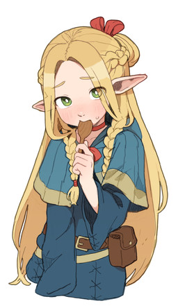 5_fingers blonde_eyebrows blonde_hair blue_clothing blush clothed clothing eyebrows female fingers green_eyes hair holding_object humanoid_pointy_ears iris looking_at_viewer not_furry pointy_ears pupils simple_background solo white_background white_pupils possummachine delicious_in_dungeon marcille_donato elf humanoid 2024 absurd_res hi_res