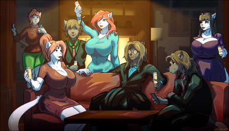 anthro big_breasts big_bulge black_hair breasts bulge clothing dress family_portrait female furniture group hair huge_breasts huge_bulge hyper hyper_bulge male red_hair sofa suit wide_hips dr._welps anika_stelida anya_stelida eva_stelida ivy_stelida myka_stelida richard_stelida scott_stelida american_mink mammal mink mustelid musteline neovison true_musteline hi_res