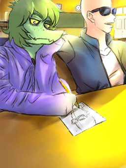 anthro bald classroom clock clothing creating_art detailed_background drawing_(action) drawing_in_a_drawing duo eyelashes eyewear female freckles green_body green_hair green_scales grey_eyes hair hoodie inside jacket light-skinned_male light_body light_skin male open_mouth pencil_(object) scales school short_hair sitting smile snout sunglasses teeth topwear yellow_sclera dark_rya cavemanon_studios i_wani_hug_that_gator inco_(iwhtg) olivia_halford baryonyx dinosaur human mammal prehistoric_species reptile saurischian scalie spinosaurid theropod 2023 3:4 colored digital_drawing_(artwork) digital_media_(artwork) hi_res shaded