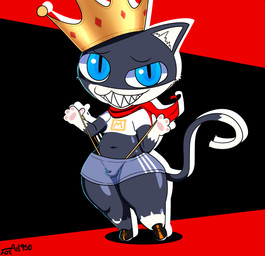 4_fingers anthro biped black_background black_body black_clothing black_eyebrows black_footwear black_fur black_shoes black_tail blue_bottomwear blue_clothing blue_eyes blue_shorts bottomwear bulge clothed clothed_anthro clothed_male clothing clothing_pull crown detailed_bulge dipstick_tail eyebrows fingers footwear fur glistening glistening_eyes gloves_(marking) headgear inner_ear_fluff leg_markings looking_at_viewer male male_anthro markings midriff multicolored_body multicolored_clothing multicolored_footwear multicolored_fur multicolored_shoes navel orange_clothing orange_footwear orange_shoes pawpads pink_pawpads pointy_ears print_clothing print_shirt print_topwear red_background red_scarf scarf sharp_teeth shirt shoes shorts simple_background smile smiling_at_viewer socks_(marking) solo tail tail_markings teeth text thick_thighs thin_eyebrows thong thong_pull thong_straps topwear tuft two_tone_body two_tone_clothing two_tone_footwear two_tone_fur two_tone_shoes underwear underwear_pull white_body white_clothing white_fur white_inner_ear_fluff white_shirt white_tail_tip white_topwear yellow_clothing yellow_thong yellow_underwear foxart950 atlus megami_tensei persona_(series) persona_5 sega morgana_(persona) domestic_cat felid feline felis mammal tuxedo_cat 2025 absurd_res artist_name digital_media_(artwork) hi_res