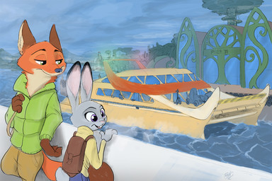 ambiguous_gender anthro backpack boat bottomwear buckteeth building city clothed clothing cloud detailed_background dipstick_ears duo_focus ear_markings fully_clothed fur green_eyes grey_body grey_fur group inner_ear_fluff jacket mountain multicolored_ears neck_tuft open_mouth open_smile orange_body orange_fur outside pants plant purple_eyes sky smile teeth topwear tree tuft vehicle water watercraft robcivecat disney zootopia judy_hopps nick_wilde canid canine fox lagomorph leporid mammal rabbit red_fox true_fox 2019 3:2 hi_res