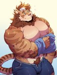 anthro big_muscles big_pecs bodily_fluids bottomwear brown_hair clothing felid fur hair hi_res kokukokuboo male mammal muscular muscular_anthro muscular_male nipples pantherine pecs shorts simple_background solo striped_body striped_fur stripes sweat tiger undressing