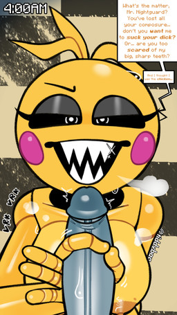 areola big_breasts big_penis bird's-eye_view black_eyebrows black_sclera blonde_hair blush blush_stickers breasts disembodied_penis duo eyebrows eyelashes female fingers first_person_view genitals hair handjob high-angle_view humanoid_genitalia humanoid_penis looking_at_viewer machine male male/female nipples orange_areola orange_nipples penile penis pink_blush pupils sex sharp_teeth short_hair speech_bubble teeth text white_eyes white_pupils yellow_body tdtbaa five_nights_at_freddy's five_nights_at_freddy's_2 scottgames toy_chica_(fnaf) animatronic avian bird chicken galliform phasianid robot 2026 4k 9:16 absurd_res artist_name digital_media_(artwork) english_text hi_res watermark