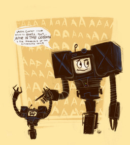 abstract_background ambiguous_gender cathode_ray_tube duo machine new_vegas not_furry simple_background size_difference speech_bubble text tire wheel yellow_background leona-florianova fallout microsoft muggy_(fallout) yes_man_(fallout) robot securitron_(fallout) english_description english_text