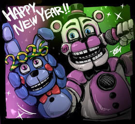 anthro black_bow_tie bow_tie clothing duo electronics female fingers hand_puppet hat headgear headwear male microphone red_bow_tie top_hat yh2ug4 five_nights_at_freddy's new_year_2026 scottgames sister_location funtime_freddy_(fnafsl) puppet_bonnie_(fnafsl) animate_inanimate bear lagomorph leporid mammal rabbit robot_anthro 2025 digital_media_(artwork)
