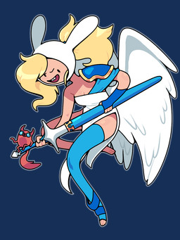 2_horns 3_toes 4_fingers alternate_costume alternate_species animal_hood anthro armor barefoot blonde_hair blue_eyes breasts buckteeth cleavage clothed clothing dot_eyes dress duo feathered_wings feathers feet female fingerless_gloves fingers fur gloves hair handwear hat headgear headwear holding_melee_weapon holding_object holding_sword holding_weapon horn long_hair melee_weapon micro open_mouth open_smile pauldron ponytail red_body red_fur simple_eyes sitting smile sword tail teeth toes toony weapon white_clothing white_dress white_wings wings discount-supervillain adventure_time cartoon_network fionna_and_cake_(franchise) cake_the_cat fionna_the_human angel demon domestic_cat felid feline felis human humanoid mammal 3:4 alpha_channel digital_media_(artwork) hi_res