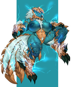 anthro areola big_breasts blue_body blue_eyes breasts butt butt_from_the_front claws electricity female fur genitals glowing glowing_eyes horn huge_breasts lightning multicolored_body muscular muscular_anthro muscular_female navel nipples solo spikes spread_legs spreading tan_body thick_thighs two_tone_body vulva white_body white_fur tsuyu_fang capcom monster_hunter fanged_wyvern scalie zinogre absurd_res hi_res