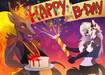 anthro bday birthday cake confetti dessert duo fangs female fire food fruit happy_birthday lava open_mouth plant reward smile strawberry teeth sunny_way hellaverse helluva_boss mythology loona_(helluva_boss) pompeii_(timberwolfl) canid canid_demon canine canis demon dragon hellhound mammal mythological_canine mythological_creature mythological_scalie scalie wolf hi_res