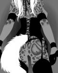 anthro breasts butt clothing corset female gloves hair handwear lingerie rear_view side_boob solo spots topwear white_hair kosmikophobia domestic_cat felid feline felis mammal 4:5 hi_res monochrome