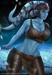 big_breasts blue_body blue_eyes blue_lightsaber blue_skin bottomwear breasts clothing collarbone crop_top eyebrows eyelashes female lekku_(anatomy) lightsaber looking_at_viewer melee_weapon midriff navel not_furry pants shirt solo topwear weapon ynorka star_wars aayla_secura alien humanoid twi'lek 2022