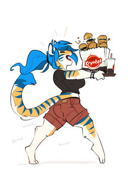anthro blue_hair bottomwear bracelet breasts burger clothing container cup drinking_straw eyes_closed fast_food food fur gynomorph hair holding_object holding_tray intersex jewelry markings multicolored_body multicolored_fur open_mouth ponytail simple_background solo standing striped_body striped_fur striped_markings striped_tail stripes tail tail_markings text topwear white_background tamyra felid mammal pantherine tiger 3:4 english_text source_request