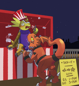 all_fours anus backsack balls belly bodily_fluids carnival_game clothing competition cum deep_throat genital_fluids genitals hammer hat headgear headwear horn humanoid_genitalia humanoid_penis humor male male/male oral oral_penetration outside penetration penis plushie saliva sex sexual_competition sign sky star starry_sky text tools top_hat yellow_body argon_vile bandai_namco digimon armadillomon digimon_(species) guilmon hawkmon hi_res