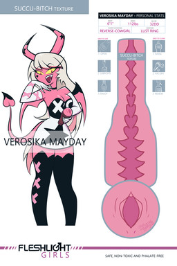 big_breasts breasts clothing fangs female holding_object legwear looking_at_viewer penetrable_sex_toy sex_toy solo teeth text thigh_highs kushy_wushy hellaverse helluva_boss verosika_mayday demon humanoid 2:3 absurd_res english_text hi_res