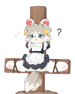 anthro blush bodily_fluids cheek_tuft clothing cross digitigrade emanata facial_tuft feet floppy_ears fluffy fluffy_tail green_eyes hindpaw inverted_cross legwear lidded_eyes maid_uniform neck_tuft pawpads paws question_mark restrained_arms restrained_legs simple_background solo spread_legs spreading stockings tail tears thigh_highs translucent translucent_clothing translucent_legwear translucent_stockings tuft uniform white_background kusan_nei canid canine canis domestic_dog mammal absurd_res hi_res