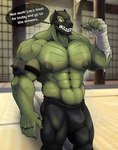 abs anthro balls_outline biceps big_muscles bodily_fluids bottomwear bulge claws clothed clothing detailed_background detailed_bulge dialogue dojo front_view genital_outline green_body green_scales hand_wraps inside inviting looking_at_viewer male manly mask monotone_body monotone_scales muscular muscular_anthro muscular_male nipples non-mammal_nipples pants pecs penis_outline scales sharp_teeth solo speech_bubble sweat teeth text wraps zaqiizawa mortal_kombat reptile_(mortal_kombat) lizard lizardman reptile saurian_(mortal_kombat) scalie 2024 alternate_version_at_paywall english_text portrait three-quarter_portrait