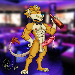 alcohol_bottle anthro beverage_bottle bodily_fluids bottle container erection fur genitals male muscular nipples nude orange_body orange_fur penis scrunchie solo rsproduccion adult_swim cartoon_network rick_and_morty felid mammal 1:1 absurd_res digital_media_(artwork) hi_res