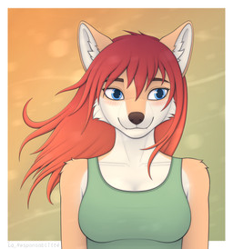 abstract_background anthro blue_eyes blush blush_lines breasts clothed clothing female fur hair long_hair looking_away shirt solo tank_top teeth topwear wind la_responsabilite canid canine fox mammal absurd_res hi_res