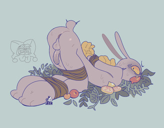 anthro apple apple_in_mouth ass_up balls bdsm biped bodily_fluids bondage bound butt clothing food foreskin fruit genitals gloves handwear humanoid_genitalia humanoid_penis leaves_on_ground lemon long_ears male nude pecs penis plant purple_body restraints rope rope_bondage solo tail yellow_eyes fsc glitch_productions the_amazing_digital_circus jax_(tadc) pomni_(tadc) lagomorph leporid mammal rabbit hi_res
