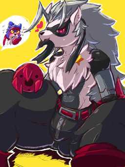 anthro belt blue_body blue_fur blush bottomwear clothing cybernetics duo female fluffy fluffy_chest fur grey_body grey_fur heart_symbol machine male mask mechanical_arm pants red_eyes yellow_eyes zipper leafy97 bandai_namco digimon cyborg digimon_(species) gaomon wolvermon 3:4 absurd_res hi_res