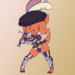 ambiguous_gender anthro clothing hat headgear headwear holding_melee_weapon holding_object holding_sword holding_weapon landsknecht melee_weapon orange_body orange_scales protective_gear purple_eyes scales solo standing sword thick_thighs weapon wide_hips vono kobold lizard reptile scalie 1:1 hi_res