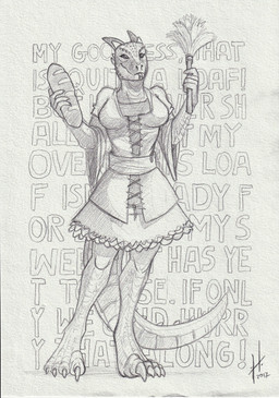 anthro big_breasts breasts clothed clothing female female_anthro front_view holding_bread holding_duster looking_at_viewer maid_uniform mouth_closed non-mammal_breasts slim_anthro slim_female solo standing uniform hufnaar mythology dragon mythological_creature mythological_scalie scalie 2017 absurd_res dated full-length_portrait hi_res monochrome portrait sketch