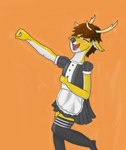 anthro antlers blush bottomwear brown_body brown_fur brown_hair clothed clothing crossdressing dancing eyes_closed femboy fist footwear freckled_face freckles fur hair happy horn legwear maid_uniform male multicolored_body multicolored_fur open_mouth pose raised_arm raised_fist raised_hand simple_background skirt smile socks solo standing thigh_highs tongue uniform white_body white_fur kokopingas98 keith_(kokopingas98) deer mammal new_world_deer white-tailed_deer absurd_res digital_media_(artwork) hi_res