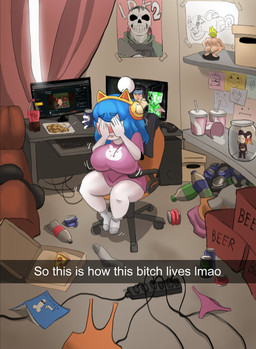 alcohol antennae_(anatomy) beer beverage beverage_can big_breasts blue_hair blush bottle bottomless box breasts cat_ear_headband clothed clothes_on_floor clothing computer container controller covering covering_face curtains desk dirty_room electronics embarrassed eyebrow_through_hair eyebrows female figurine food footwear furniture gaming_chair hair headgear headphones headset jar keyboard motion_lines not_furry panties pizza post-it_note poster shirt shortstack socks soda soda_bottle soda_cup sofa solo surge_protector t-shirt table tank_top thick_thighs topwear translucent translucent_hair underwear white_body dumbnuts47 broly_culo microsoft minecraft mojang reddit snapchat xbox_game_studios reddie_(dumbnuts47) snoo humanoid hi_res meme