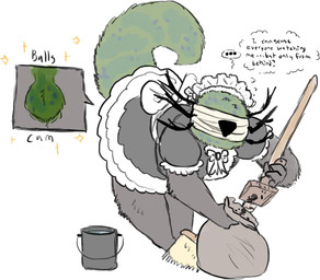 anthro antlers bag balls bandage bent_over bottomwear broom bucket cleaning_tool clothed clothing container crossdressing dialogue dustpan fur genitals green_body green_fur horn maid_headdress maid_uniform male no_underwear skirt solo text thought_bubble triangle_(shape) uniform welcometaco cult_of_the_lamb massive_monster_(studio) leshy_(cult_of_the_lamb) bagworm english_text sketch