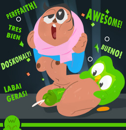 ahegao big_penis bodily_fluids brown_body clothing cum cumshot duo ejaculation female feral genital_fluids genitals green_body headgear headwear huge_penis hyper hyper_genitalia hyper_penis looking_pleasured male male/female mascot penis silly simple_background size_difference thick_thighs toony lostwisdom duolingo duo_(duolingo) zari_(duolingo) avian bird human mammal owl hi_res