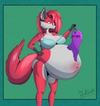 absurd_res anthro belly big_belly big_breasts breasts canid canine clothed clothing colored digital_drawing_(artwork) digital_media_(artwork) female fox fur hair hi_res huge_belly huge_breasts hyper hyper_belly hyper_pregnancy mammal millie_(red08fox) multicolored_body multicolored_fur navel open_mouth pregnant pregnant_anthro pregnant_female shaded signature simple_background smile solo tail text thick_thighs topwear two_tone_body two_tone_fur white_body white_fur yukiashi