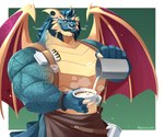 anthro apron blue_body blue_hair claws clothing coffee_cup container cup facial_hair facial_piercing hair horn male muscular muscular_anthro muscular_male mustache nose_piercing nose_ring piercing pouring ring_piercing solo tattoo wings racesolar activision european_mythology mythology spyro_reignited_trilogy spyro_the_dragon gavin_(spyro) rescued_dragons_(spyro) dragon mythological_creature mythological_scalie scalie western_dragon 6:5 hi_res