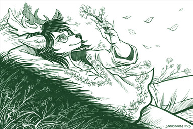 5_fingers anthro antlers bottomwear clothing eyewear fingers flower freckled_face freckles glasses grass hands_behind_back holidays horn leaf lying male on_back outside pants plant shirt smile solo topwear wearing_glasses wind snowsnow11 halloween deer mammal