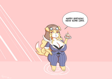 anthro aviator_cap barefoot big_breasts biped breasts business_suit cake cake_slice candle cleavage clothed clothed_anthro clothed_female clothing collarbone countershade_face countershade_torso countershading dessert dialogue dipstick_tail eyelashes feet female food fur furgonomic_headwear furgonomics hair hand_on_hip looking_at_viewer markings offering_food open_mouth red_eyes shortstack shortstack_female solo speech_bubble standing suit tail tail_markings talking_to_viewer tan_body tan_fur text tyrian-omega the_boss_(theycallhimcake) canid canine canis domestic_dog mammal 2017 digital_drawing_(artwork) digital_media_(artwork) english_description english_text full-length_portrait hi_res portrait