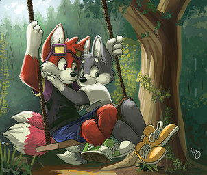 anthro black_clothing black_nose black_topwear blue_bottomwear blue_clothing blue_shorts bottomwear brown_bottomwear brown_clothing brown_shorts closed_smile clothed clothing duo fur glistening glistening_eyes grass grey_body grey_eyes grey_fur hair hug male male_anthro mouth_closed outside plant purple_eyes red_body red_fur red_hair rock shorts shrub sitting smile swing topwear tree white_body white_clothing white_fur white_topwear young young_anthro young_male pandapaco canid canine mammal