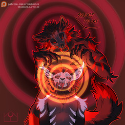 anthro bone dominant dominant_anthro dominant_male duo_focus front_view group hypnosis hypnotic_eyes looking_at_another male markings mind_control red_eyes ringed_eyes skull skull_head striped_markings stripes text tongue tongue_out errokioslem canid canine mammal 1:1 english_text half-length_portrait hi_res portrait