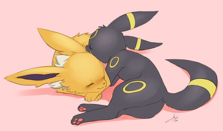 ambiguous_gender armwear black_inner_ear clothing duo ear_piercing ear_tuft feral fur grey_body grey_fur head_markings head_tuft leg_markings markings pawpads piercing pink_background simple_background sleeping tail tail_tuft tuft white_body white_fur yellow_body yellow_fur yellow_markings aogami nintendo pokemon eeveelution generation_1_pokemon generation_2_pokemon jolteon pokemon_(species) umbreon 2020 hi_res signature
