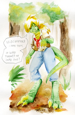 after_transformation blonde_hair bottomwear clothing conjoined_speech_bubble dialogue digitigrade female grass green_body green_scales hair outside pants plant ponytail scales shirt solo species_in_dialogue speech_bubble standing talking_to_self text topwear tree cervelet dinosaur dromaeosaurid prehistoric_species reptile scalie theropod velociraptor 2009 absurd_res english_text hi_res painting_(artwork) traditional_media_(artwork) traditional_painting_(artwork) traditional_watercolor_(artwork) watercolor_(artwork)