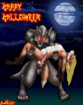 anthro balls breasts detailed_background duo erection female full_moon genitals glowing glowing_eyes holidays knot male male/female moon night nipples nude one_eye_closed penis tail wink anaktis halloween mythology canid canine canis fox mammal mythological_canine mythological_creature werecanid werecanine werecreature werewolf wolf