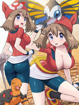 big_breasts blue_eyes blush bodily_fluids breasts butt clothing eyes_closed female gloves handwear human_focus kerchief orange_body orange_skin shell smoke sweat wings pokemoa nintendo pokemon may_(pokemon) arthropod beautifly butterfly generation_3_pokemon human insect lepidopteran mammal pokemon_(species) reptile scalie torkoal turtle 3:4 absurd_res hi_res