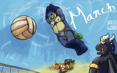 anthro beach blue_body blue_hair calendar calendar_pinup clothing dipped_ears ear_piercing ear_tuft facial_markings gloves_(marking) hair head_markings leg_markings male markings mask_(marking) net orange_eyes piercing socks_(marking) sport striped_markings striped_tail stripes swimming_trunks swimwear tail tail_markings tuft volleyball volleyball_net malle_yeno mythology villam_(randsom) canid canine canis dragon mammal mythological_creature mythological_scalie procyonid raccoon raccoon_dog scalie wolf 16:10 widescreen