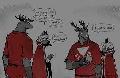 ambiguous_anthro ambiguous_gender anthro antlers clothed clothed_anthro clothing dialogue duo eye_contact fully_clothed fully_clothed_anthro holding_object horn looking_at_another male male_anthro speech_bubble talking_to_another text aveloka cult_of_the_lamb massive_monster_(studio) lamb_(cult_of_the_lamb) bovid caprine deer mammal sheep 2025 digital_drawing_(artwork) digital_media_(artwork) english_text
