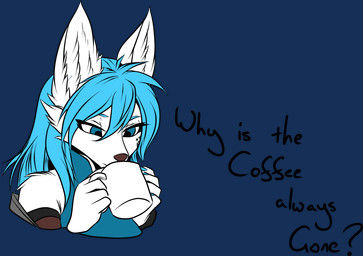 anthro armor beverage blue_clothing blue_eyes clothing coffee container cup dialogue dress female front_view holding_object markings mug solo snowiefeather thermia_(character) canid canine canis fox hybrid mammal wolf alpha_channel