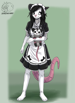 anthro black_body black_eyes black_fur black_hair clothing female fur gloves grey_body grey_fur hair handwear maid_uniform pink_body pink_nose solo uniform white_body white_fur allartskye kia_(allartskye) american_opossum mammal marsupial hi_res