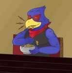 anthro beak blue_body blue_feathers chopsticks clothed clothing eating eating_food feathers food kerchief male neckerchief neckwear noodles pleased_expression ramen red_kerchief red_neckerchief shirt simple_background smile solo topwear melonca53654294 nintendo star_fox falco_lombardi avian bird absurd_res digital_media_(artwork) hi_res