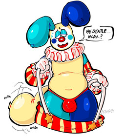 anthro balloon balloon_animal bashful belly bulge clothing clown clown_nose embarrassed inflatable male navel overalls slightly_chubby solo tail tail_motion tailwag text thong underwear undressing butterslug blushcrunch_studio dandy's_world looey_(dandy's_world) animate_inanimate english_text hi_res
