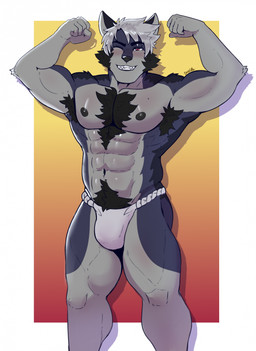 abs anthro areola armpit_tuft asian_clothing biceps biped blush body_hair border bulge chest_tuft clothed clothing east_asian_clothing fingers fist flexing flexing_bicep flexing_both_biceps front_view fundoshi fundoshi_only fur gradient_background grey_body grey_fur grey_hair hair happy_trail humanoid_hands japanese_clothing looking_at_viewer male muscular muscular_anthro muscular_arms muscular_legs muscular_male navel nipples obliques one_eye_closed pecs pose pube_peek pubes quads red_eyes serratus shadow short_hair simple_background smile solo standing teeth topless topless_anthro topless_male trapezius tuft underwear underwear_only v-cut white_border darolion canid canine canis mammal wolf 2024 colored hi_res portrait shaded three-quarter_portrait