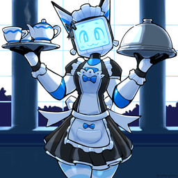 :3 clothing container cup holding_tray legwear looking_at_viewer machine maid_uniform male pattern_clothing pattern_legwear screen screen_face solo striped_clothing striped_legwear stripes tea_cup uniform baronflint camelot_(baronflint) humanoid robot robot_humanoid 1:1