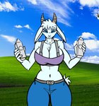 anthro beverage big_breasts biped bottomwear bra breasts clothing day explosion female front_view horn jumping laser outside shorts solo underwear black_kek bovid caprine goat mammal animated hi_res short_playtime