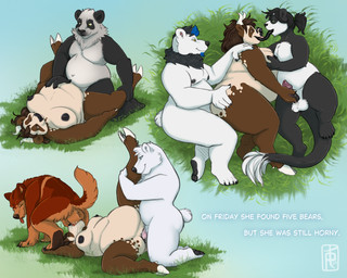 abstract_background anthro backsack balls breasts female genitals grass group hand_on_penis male male/female nude oral oral_penetration outside overweight overweight_female overweight_male penetration penis plant sex text tongue tongue_out vaginal vaginal_penetration palehorntea taebear ailurid bear bovid bovine giant_panda hybrid mammal polar_bear red_panda ursine 5:4 english_text hi_res